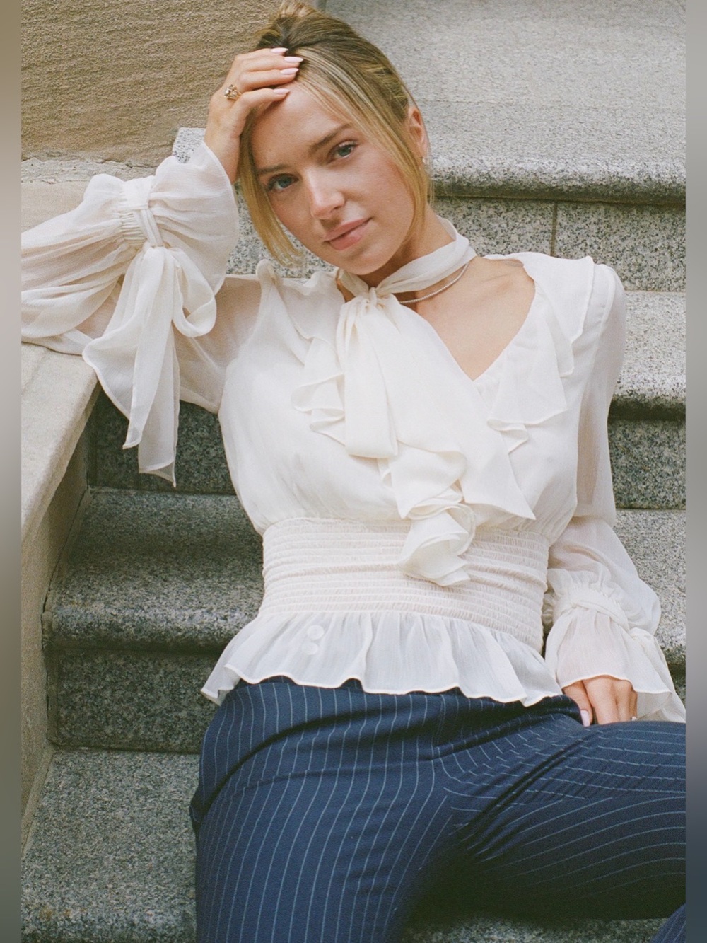 Few Moda x Greta Louise Tomé NWT Paris Sheer Ivory Tie-Neck Ruffle Blouse - Picture 2 of 11